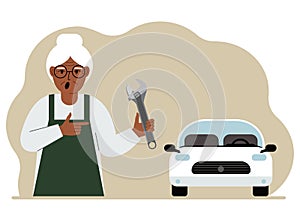 Auto mechanic in a car workshop near a white car. A woman holds a wrench in his hand. Car repair concept. Poster