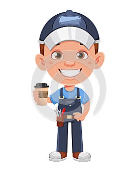 Auto mechanic cartoon character. Cheerful automechanic having a coffee break