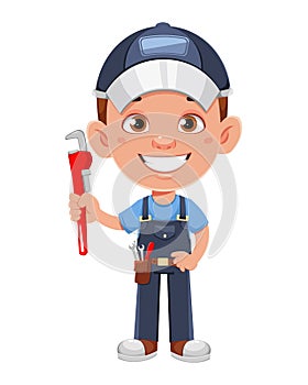 Auto mechanic cartoon character. Cheerful automechanic holding adjustable wrench
