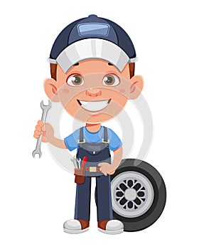 Auto mechanic cartoon character. Cheerful automechanic holding wrench