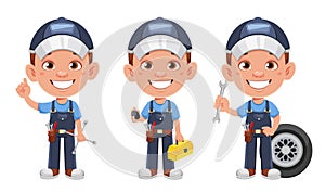 Auto mechanic cartoon character. Cheerful automechanic, set of three poses.