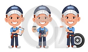 Auto mechanic cartoon character. Cheerful automechanic, set of three poses