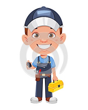 Auto mechanic cartoon characterAuto mechanic cartoon character. Cheerful automechanic holding tools and car keys.