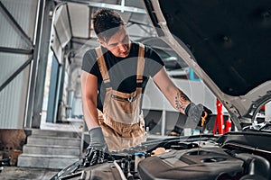 Auto mechanic checking oil. Car repair service