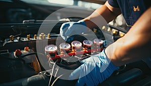 Auto mechanic checking oil level in car engine. Car service concept
