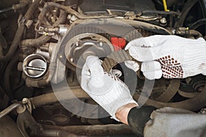 An auto mechanic checks the condition of an old timing belt for various defects photo