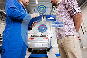 Auto mechanic with clipboard and man at car shop