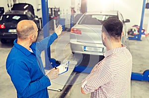 Auto mechanic with clipboard and man at car shop