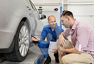 Auto mechanic with clipboard and man at car shop