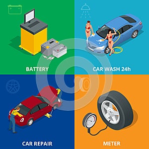 Auto mechanic design concept set with car repair service, auto service computer car diagnostic. flat icons