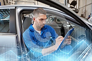 Auto mechanic man with clipboard at car workshop