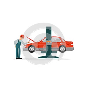 Auto mechanic repairing red car lifted on auto hoist vector Illustration on a white background
