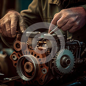 Auto mechanic repairs car engine close-up.