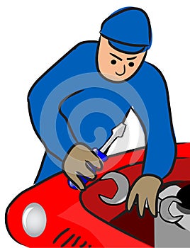 Auto mechanic repairs a motor