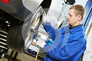 Auto mechanic screwing car wheel by wrench