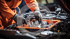 Auto mechanic working in auto repair service. Auto mechanic repairing a car engine. Generative AI
