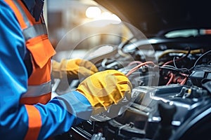 Auto mechanic working in auto repair service. Car mechanic working in auto repair shop, Selective focus hands in gloves of expert
