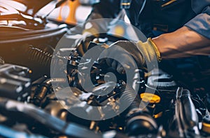 Auto mechanic working on car engine in mechanics garage. Repair service. authentic close-up shot