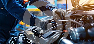 Auto mechanic working on car engine in mechanics garage. Repair service. authentic close-up shot