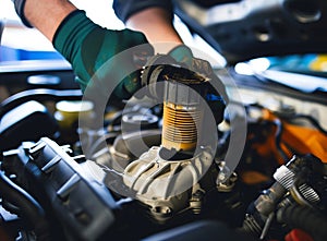 Auto mechanic working on car engine in mechanics garage. Repair service. authentic close-up shot