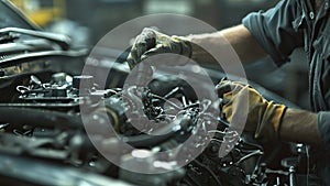 auto mechanic working in workshop, close up a car mechanic repairing car engine, worker at the work