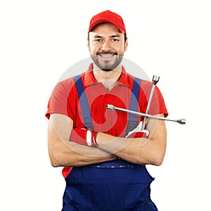 auto mechanic with wrench isolated on white