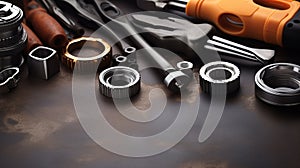 Auto mechanics tools on a gray stone table. AI Generated.