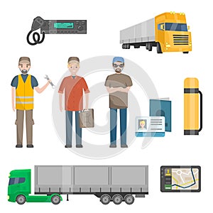 Auto Mechanics, Trucker, Cargo Trailer Truck, Road Attributes Set Vector Illustration