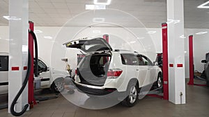 Auto mechanics work on vehicles in modern car service garage. Technicians repair cars, conduct maintenance, diagnostics
