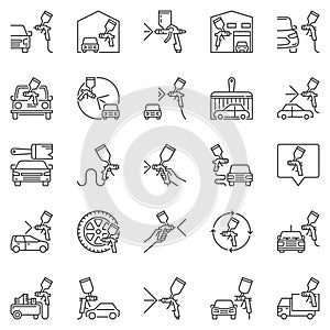 Auto Painting and Paint Spray Guns outline vector icons set