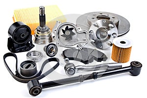 Auto parts background. Hub, pump, brake pads, filter, timing belt, rollers, constant velocity joints, thermostat and other on