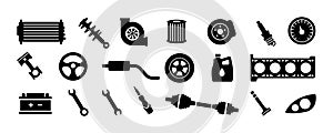 Auto parts. Car spare parts. Set of vector black icons. Big set of spare parts. Vector clipart isolated on white background.