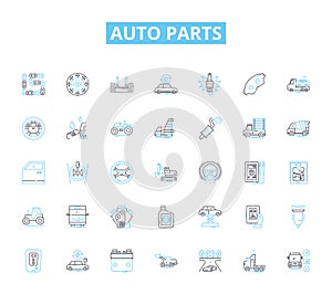 Auto parts linear icons set. Engine, Suspension, Brakes, Transmission, Battery, Alternator, Radiator line vector and