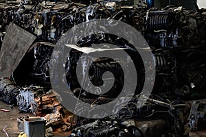 Auto parts and secondhand engine components in auto spare parts store. Spare parts of vehicle in warehouse