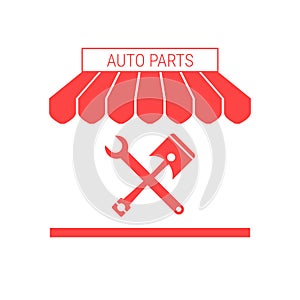 Auto Parts Shop, Car Repair Single Flat Vector Icon. Striped Awning and Signboard