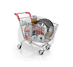 Auto parts in the trolley. Auto parts store. Automotive basket s