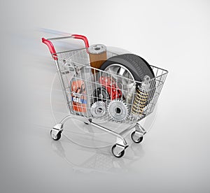 Auto parts in the trolley. Auto parts store. Automotive basket s