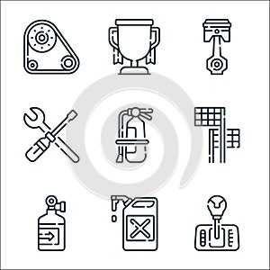 Auto racing line icons. linear set. quality vector line set such as gearshift, fuel, oxygen tank, finish flag, fire extinguisher,