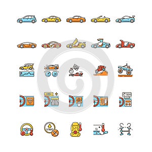 Auto racing RGB color icons set