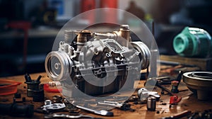 Auto repair, car engine repair, spare parts are laid out on the table. Maintenance of diesel and gasoline equipment, service