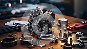 Auto repair, car engine repair, spare parts are laid out on the table. Maintenance of diesel and gasoline equipment, service