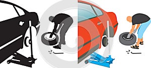 Auto repair. changing punctured auto tire