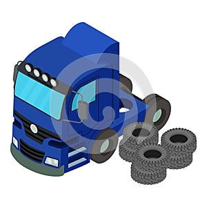 Auto repair icon isometric vector. Automobile tire near semi trailer truck icon