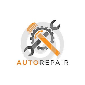 Auto repair logo design with piston and wrench inside a gear