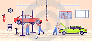 Auto repair service. Cartoon male characters in uniform fixing vehicle on station. Mechanic workers checking wheels