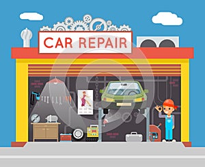 Auto Repair Service Garage Shop Technician Vehicle Fix Flat Design Workshop Concept Template Vector Illustration