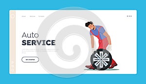 Auto Repair Service Landing Page Template. Vehicle Fix in Garage Workshop. Mechanic Dressed in Red Overalls