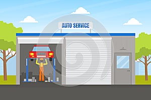 Auto Repair Service, Auto Mechanic Character in Overalls Repairing Car Lifted on Hoist Vector Illustration