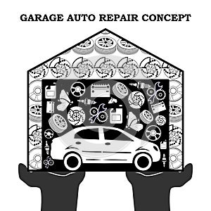 Auto Repair Services black concept with car icons and spare parts in the garage in the stretched out palms isolated on white