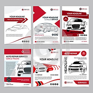 Auto repair Services business layout templates set, automobile magazine cover, auto repair shop brochure, mockup flyer.